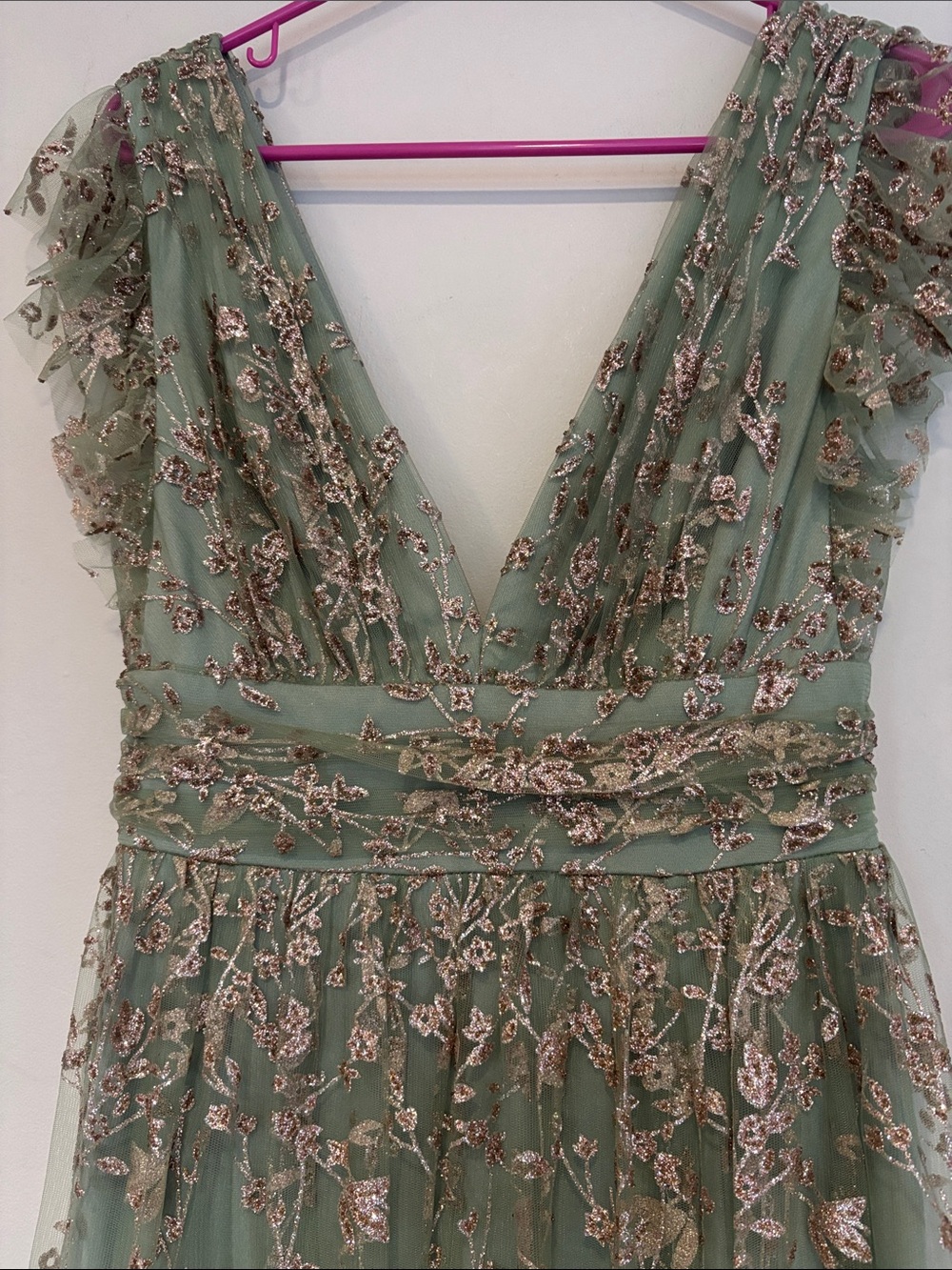 Baltic born Arden shimmer gown in sage+gold featuring a long V neckline - Picture 3 of 12